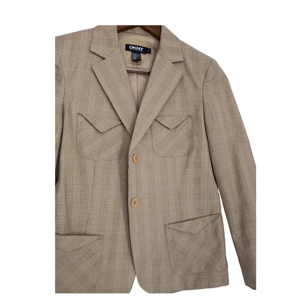 DKNY‎ Glen Plaid Tailored Blazer Tan Cotton NWOT Size 2 Classic Minimalist
